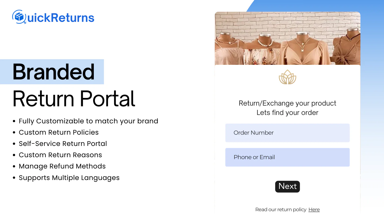 QuickReturns branded return portal where a customer enters an order number and phone or email to start a return or exchange