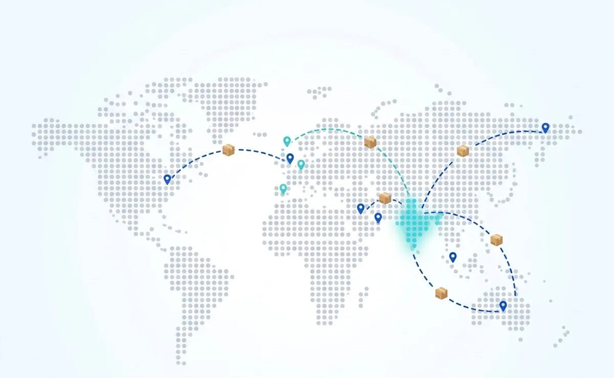 Illustration of a world map with return shipping routes from India to North America, Europe, the Middle East and Australia