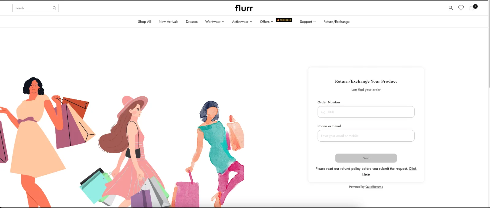 Best Shopify returns app comparison: QuickReturns portal order lookup screen