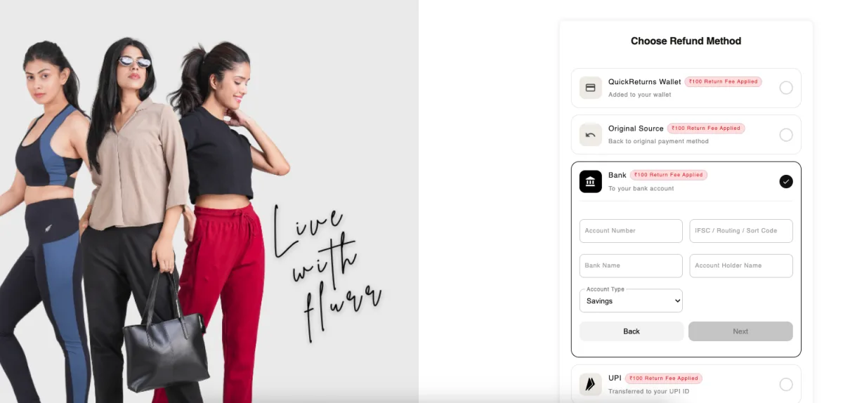 Shopper choosing a Shopify store credit refund through the QuickReturns wallet in the return portal, next to original payment method, bank transfer and UPI