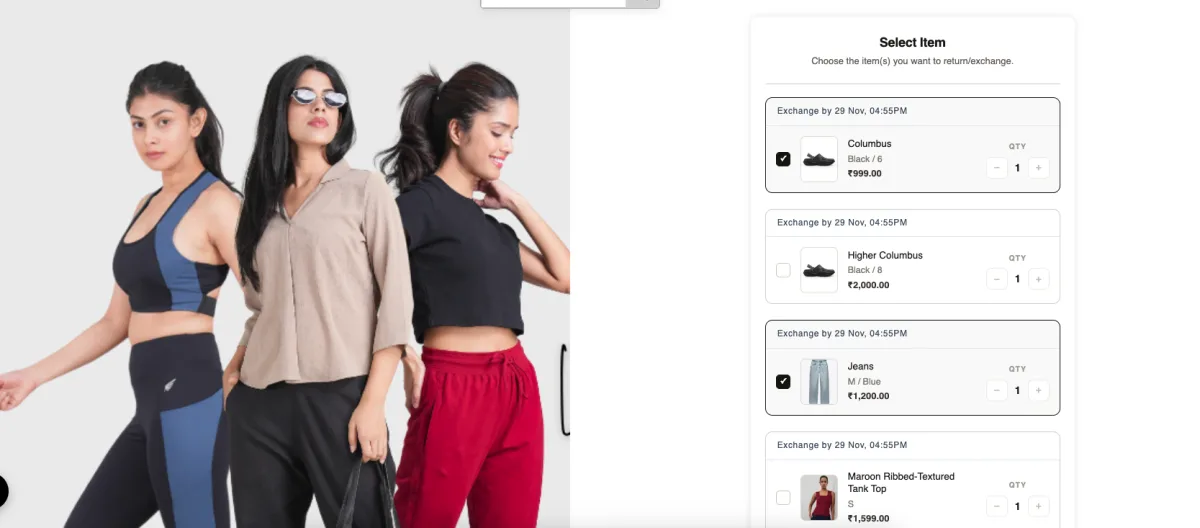 Quick Returns vs Return Prime: shopper selecting items to return in the QuickReturns returns portal