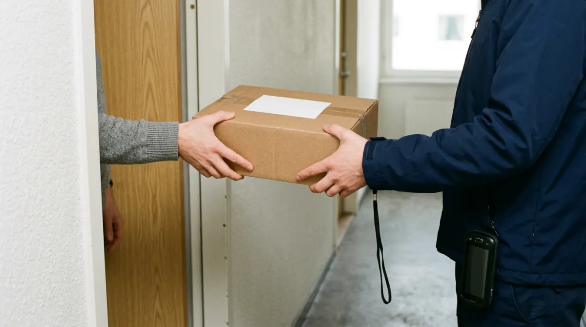 Courier collecting a return parcel from a customer at the door, the reverse pickup step in a Shopify returns app