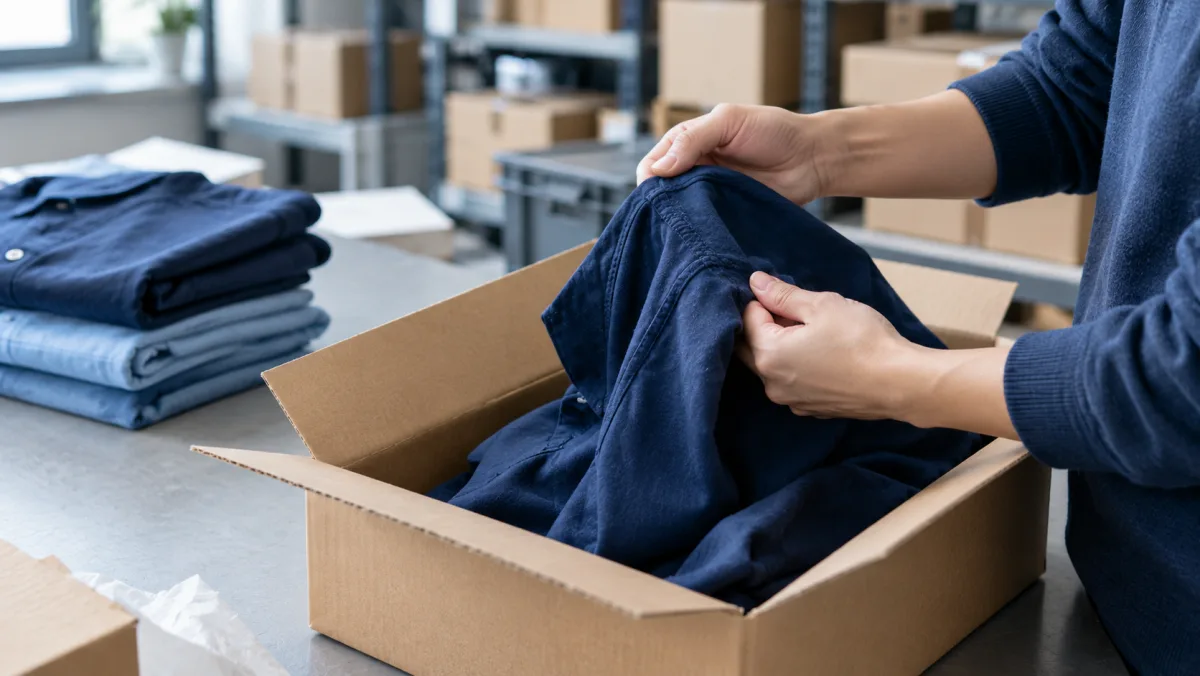 Store team member inspecting a returned shirt at a packing bench before issuing the refund