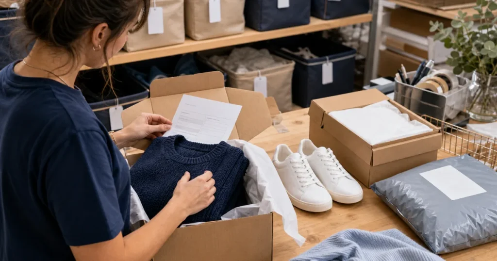 Returns desk with an opened return parcel, a navy sweater checked against its return slip and a sneaker size swap, for a Narvar alternatives comparison