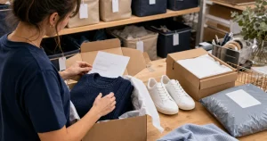 Returns desk with an opened return parcel, a navy sweater checked against its return slip and a sneaker size swap, for a Narvar alternatives comparison