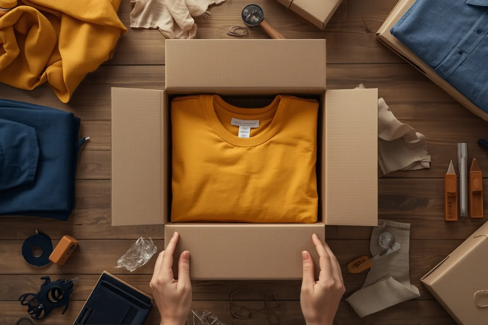 Hands holding an open return parcel with a folded yellow t-shirt inside, on a packing table with folded navy clothes