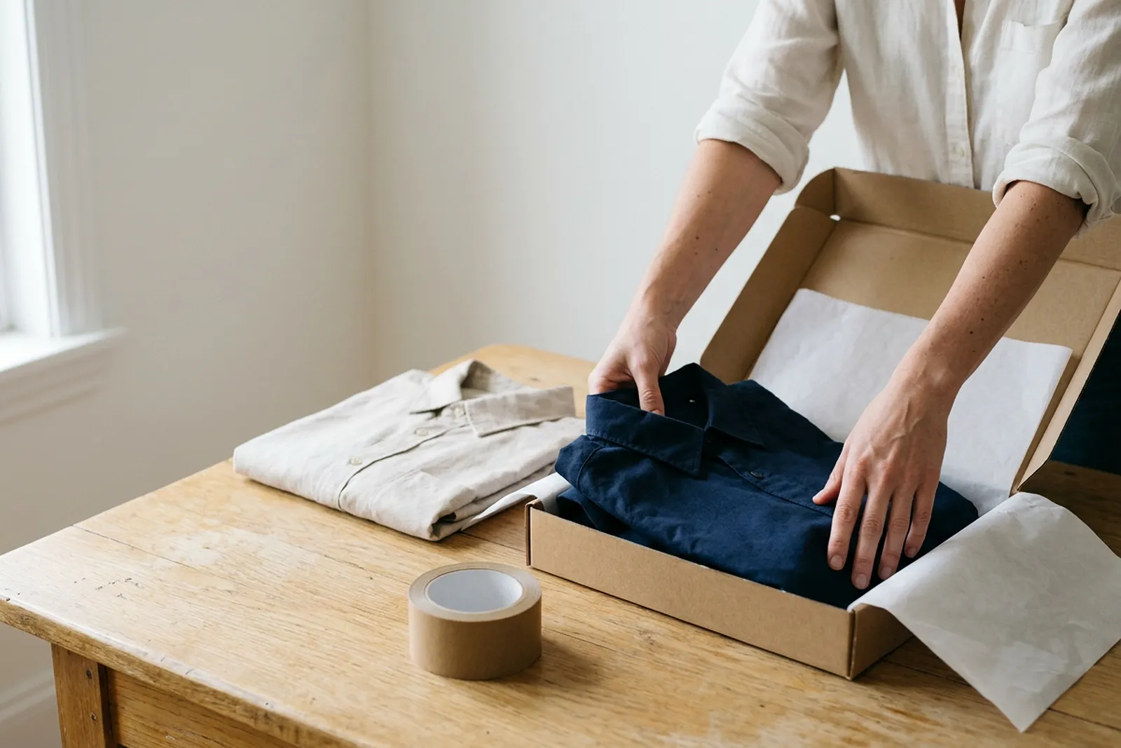 Hands placing a folded navy shirt into an open return parcel, with the same shirt in beige beside it for an exchange