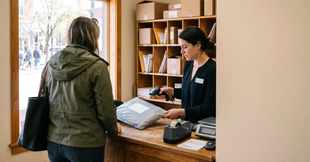 Clerk scanning one of a store's Shopify return labels on a returned parcel at a shipping counter