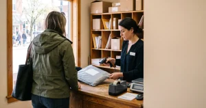 Clerk scanning one of a store's Shopify return labels on a returned parcel at a shipping counter