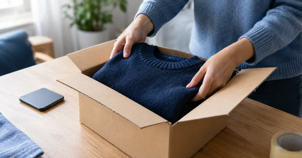Shopper packing a sweater into a box to send back through Shopify self serve returns