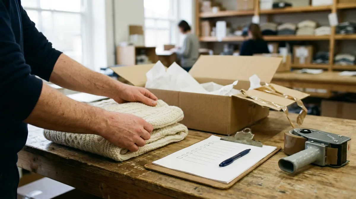 Store worker checking a returned sweater against a returns checklist, the day-to-day side of a Shopify return policy