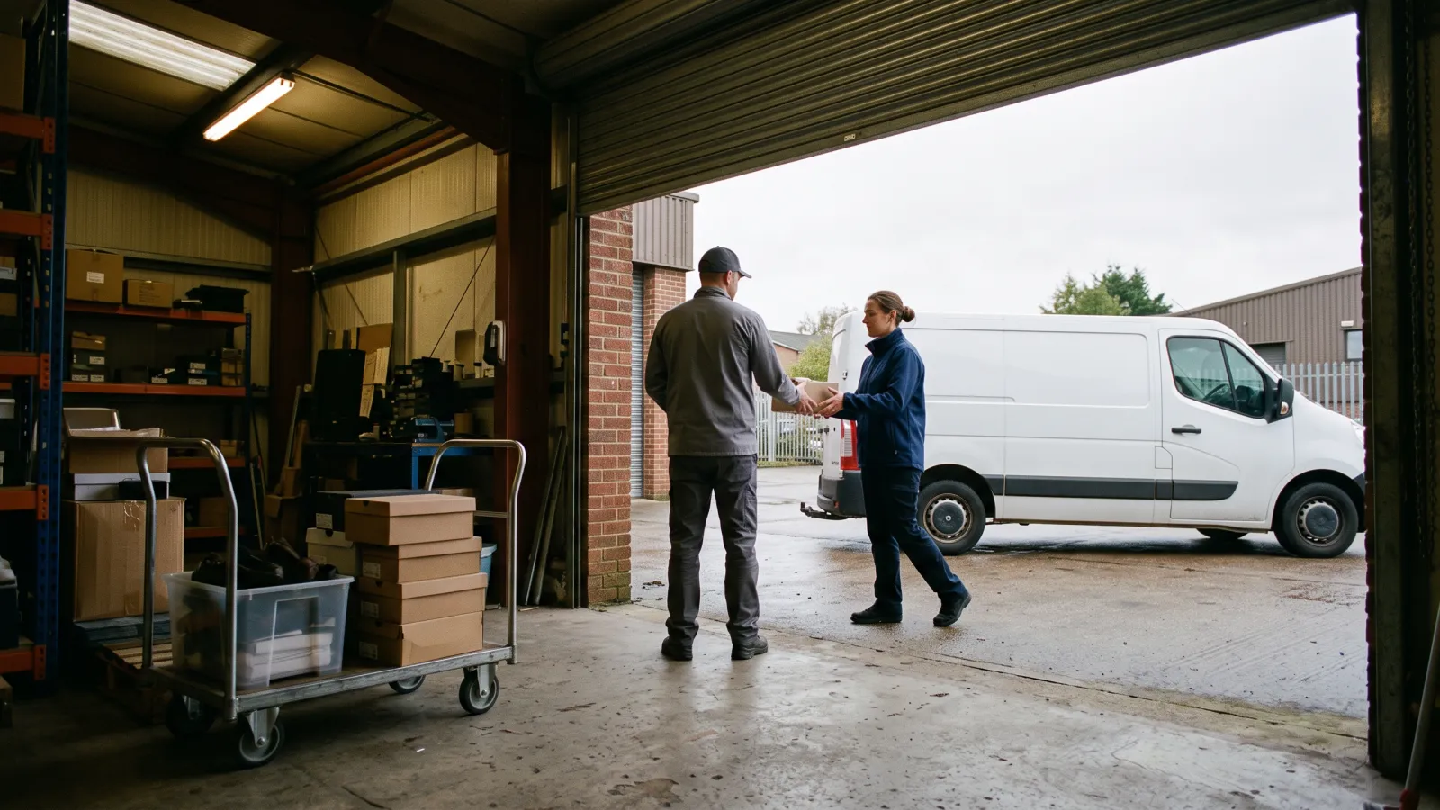 Courier handing a test return parcel to a store team member while switching returns apps from Narvar